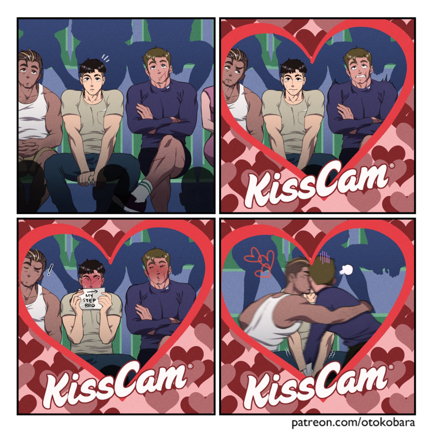 ! 3boys arm_hair bara blue_shirt blue_shorts blush brothers brown_shorts chest_hair crossed_arms crowd dark-skinned_male dark_skin denim facial_hair full-face_blush goatee hairy heart heart_frame highres jeans kiss_cam leg_hair long_sideburns male_focus mature_male motion_blur multicolored_hair multiple_boys muscular muscular_male notice_lines original otokobara pants pectoral_squeeze pectorals puckered_lips scar scar_on_cheek scar_on_face shirt short_hair shorts shy siblings sideburns sideways_glance silhouette sitting stadium streaked_hair stubble surprised tank_top thick_eyebrows turn_pale white_tank_top yaoi