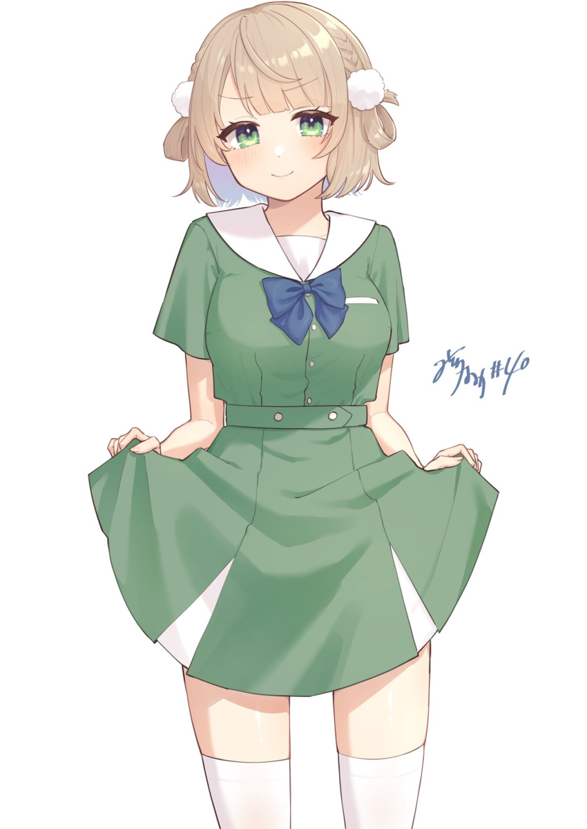 1girl alternate_costume blonde_hair blue_bow blue_bowtie blush bow bowtie braid breasts closed_mouth commentary cowboy_shot green_eyes green_sailor_collar green_shirt green_skirt hair_ornament hair_rings highres indie_virtual_youtuber looking_at_viewer mitora_nao pom_pom_(clothes) pom_pom_hair_ornament sailor_collar shigure_ui_(vtuber) shirt short_hair short_sleeves side_braids simple_background skirt skirt_hold solo thighhighs thighs v-shaped_eyebrows virtual_youtuber white_background white_thighhighs zettai_ryouiki