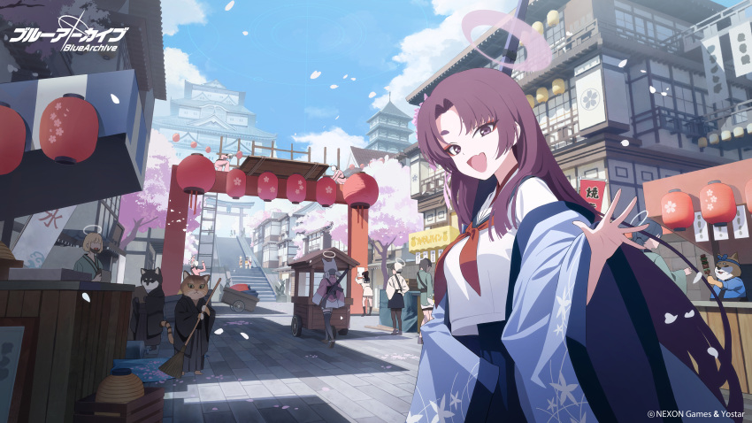 1girl 6+girls 6+others absurdres animal_ears black_skirt blue_archive blush breasts building cherry_blossoms cloud day eyeshadow fang floral_print furry gun halo haori highres ikkia japanese_clothes lantern logo long_hair long_sleeves looking_at_viewer makeup multiple_girls multiple_others neckerchief official_art open_mouth outdoors petals pleated_skirt purple_eyes purple_hair purple_halo red_eyeshadow red_neckerchief sailor_collar school_uniform serafuku short_hair skin_fang skirt sky smile solo_focus weapon white_sailor_collar wide_sleeves yukari_(blue_archive)