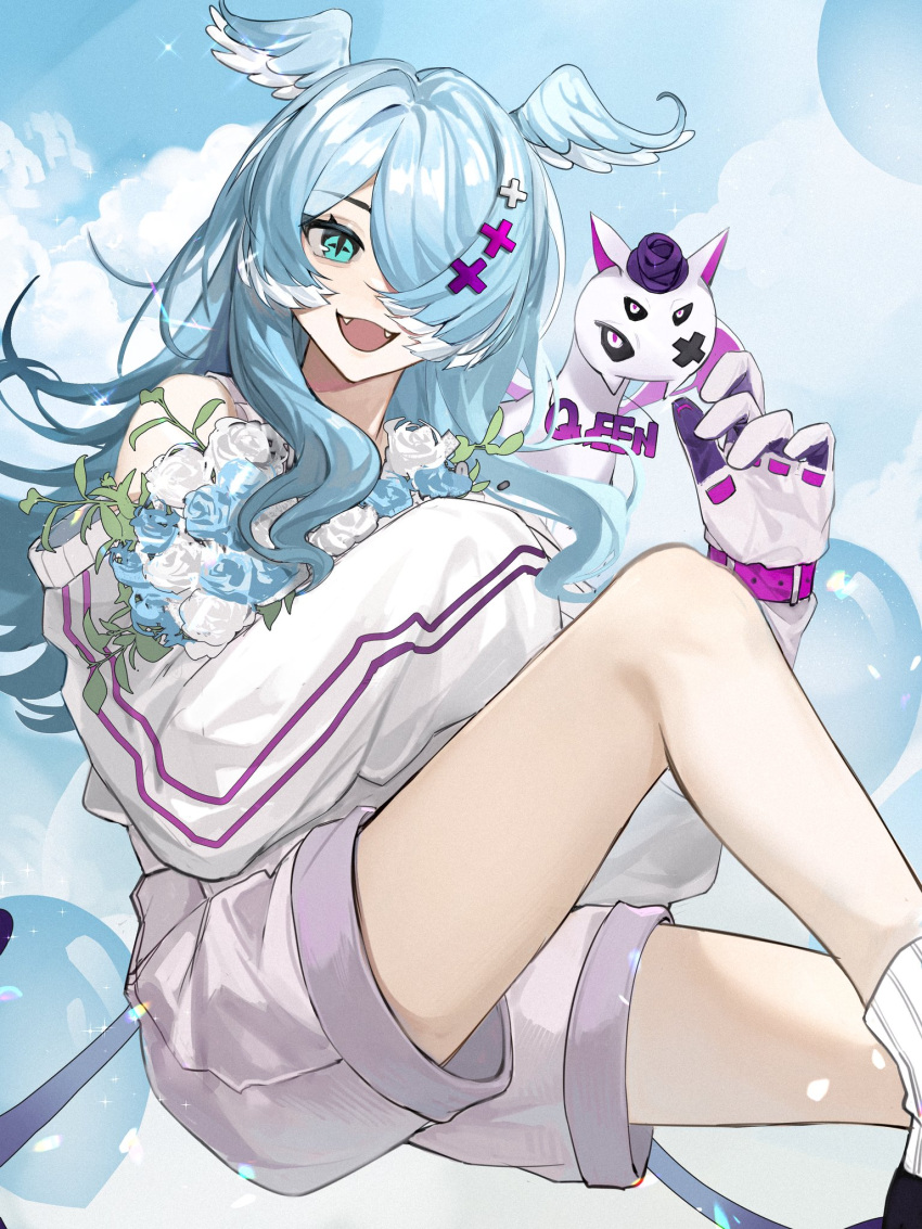 1girl blue_eyes blue_hair blue_wings bouquet elira_pendora fangs hair_ornament hair_over_one_eye head_wings hhmy_(50158413) highres long_hair multicolored_hair nijisanji nijisanji_en one_eye_covered pikl_(elira_pendora) shorts solo sweater virtual_youtuber white_hair white_shorts white_sweater wings x_hair_ornament