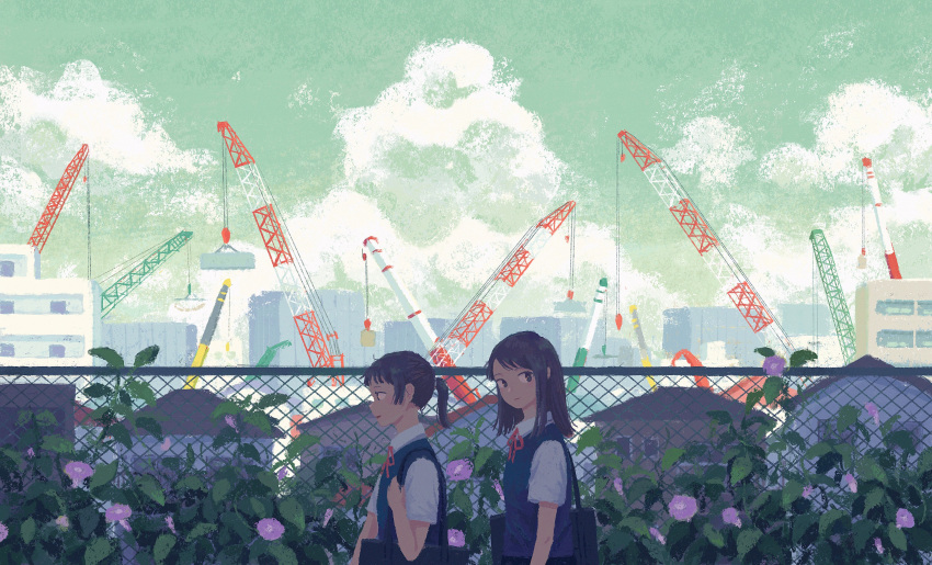 2girls absurdres bag bilding black_bag black_eyes black_hair blue_sweater_vest chain-link_fence closed_mouth cloud coma_(ina_co_ma) commentary_request crane_(machine) day fence flower from_side green_sky highres looking_ahead looking_at_viewer looking_to_the_side medium_hair morning_glory multiple_girls neck_ribbon original outdoors parted_lips plant ponytail profile red_ribbon ribbon school_bag school_uniform short_sleeves sweater_vest vines