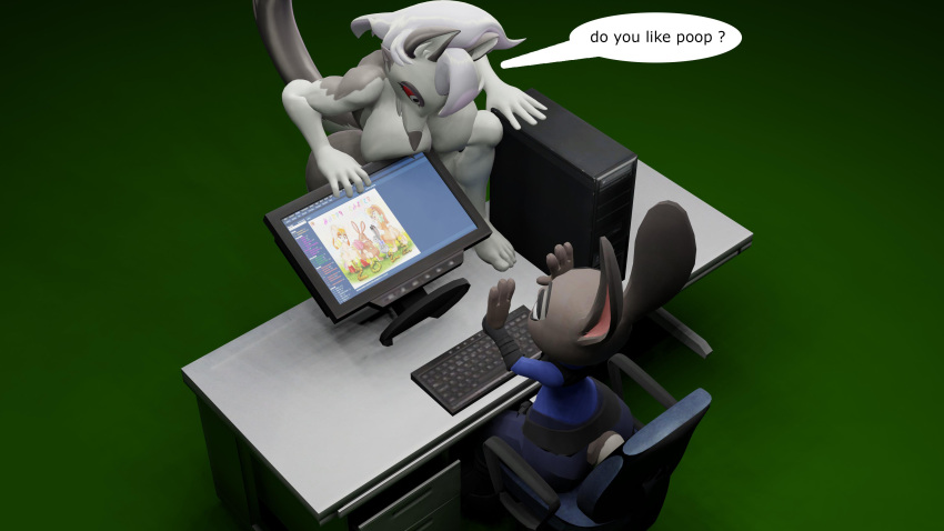 3d_(artwork) absurd_res anthro big_breasts breasts canid canine canis computer digital_media_(artwork) disney feces female helluva_boss hi_res hopps judy_hopps loona loona_(helluva_boss) male male/female mammal monitor scat suicune_queen_(artist) wolf zootopia