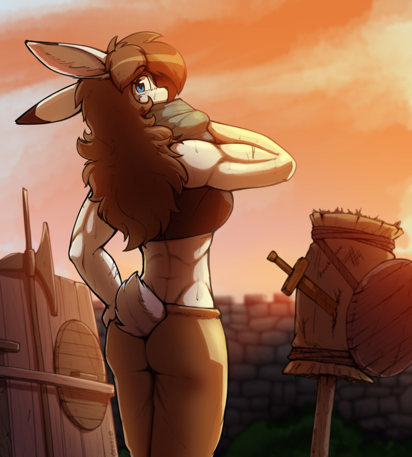 2023 aleanora anthro armorbun blue_eyes bodily_fluids brown_hair clothed clothing digital_media_(artwork) dipstick_ears female hair hi_res lagomorph leporid long_hair looking_back mammal multicolored_ears muscular muscular_anthro muscular_female otakuap outside rabbit scut_tail short_tail solo sunset sweat sweatdrop tail