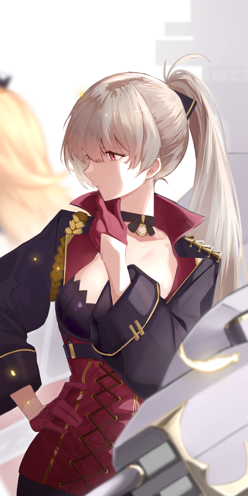 1girl absurdres azur_lane black_choker black_ribbon blurry blurry_background choker closed_mouth corset feathers gloves hair_between_eyes hair_ribbon hand_on_own_chin hand_on_own_hip high_ponytail highres jean_bart_(azur_lane) light_brown_hair long_hair long_sleeves looking_to_the_side red_corset red_eyes red_gloves ribbon showmoo solo turret upper_body