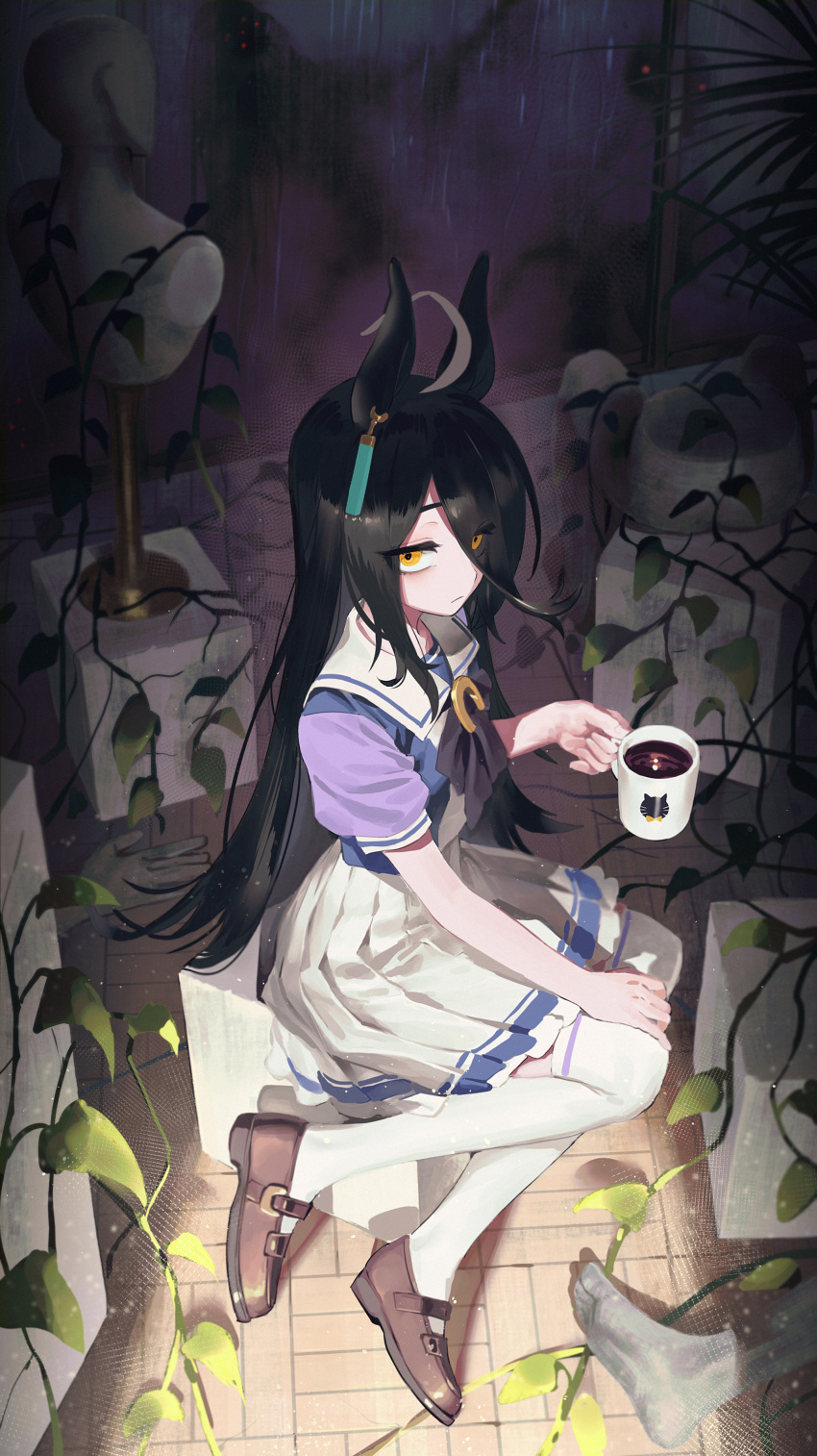 1girl absurdres ahoge animal_ears black_hair brown_footwear closed_mouth coffee commentary cup english_commentary eyes_visible_through_hair highres holding holding_cup horse_ears horse_girl horse_tail long_hair manhattan_cafe_(umamusume) plant pleated_skirt sarcophage school_uniform shoes short_sleeves skirt solo statue tail thighhighs tracen_school_uniform umamusume vines white_skirt white_thighhighs yellow_eyes