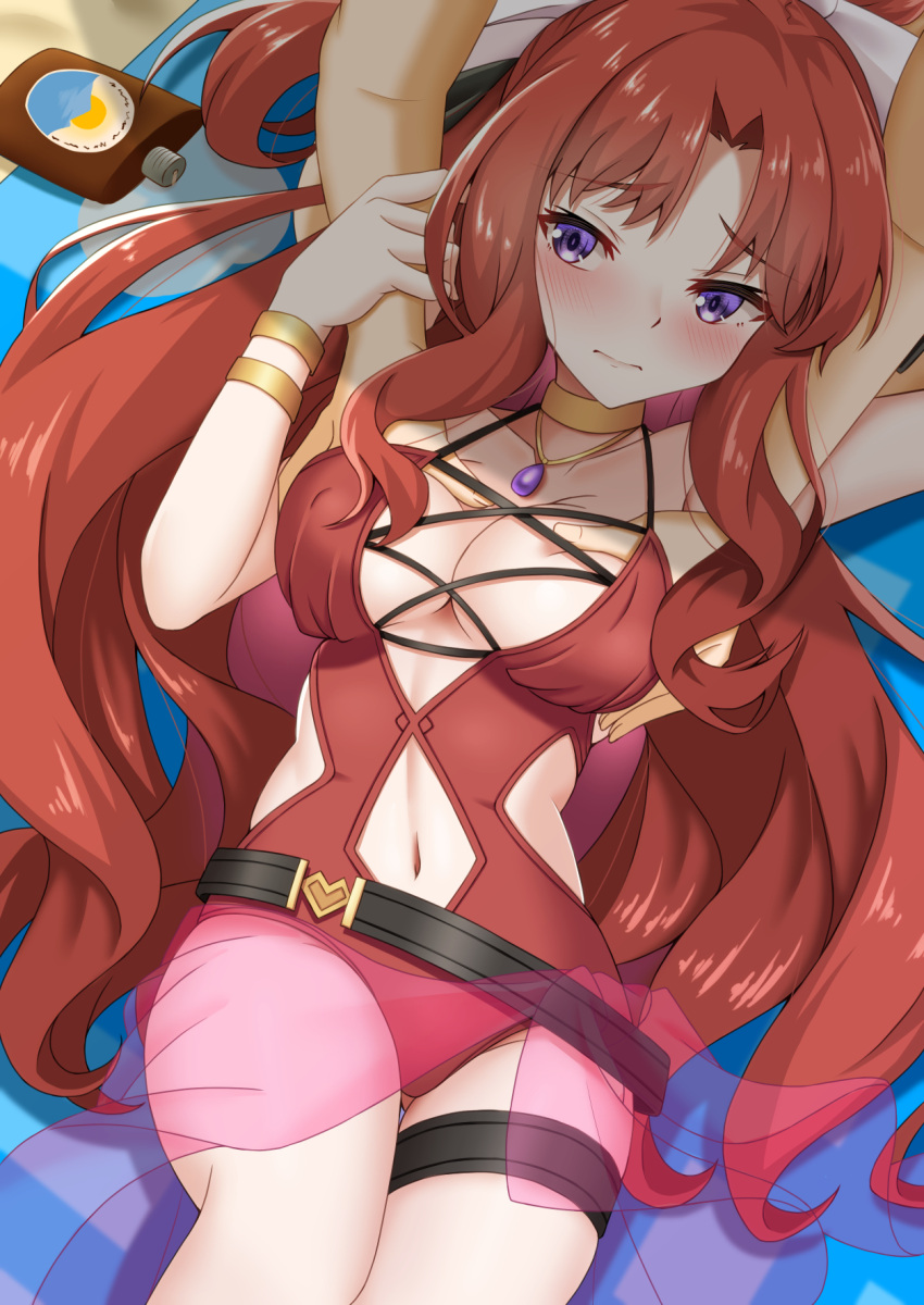 1girl akino_(princess_connect!) akino_(summer)_(princess_connect!) bare_shoulders blush bow breasts clothing_cutout hair_bow hair_ornament highres iseshi jewelry large_breasts long_hair navel navel_cutout one-piece_swimsuit parted_bangs ponytail princess_connect! purple_eyes red_hair red_one-piece_swimsuit ribbon sidelocks swimsuit white_bow white_ribbon