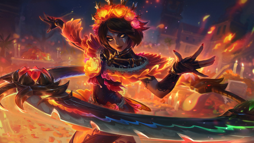 1girl absurdres black_gloves candle dark-skinned_female dark_skin fingerless_gloves flower frills gloves hair_flower hair_ornament hands_up highres house league_of_legends nail_polish night official_art outdoors qiyana_(league_of_legends) red_flower red_hair red_lips short_hair smile solo weapon yellow_eyes