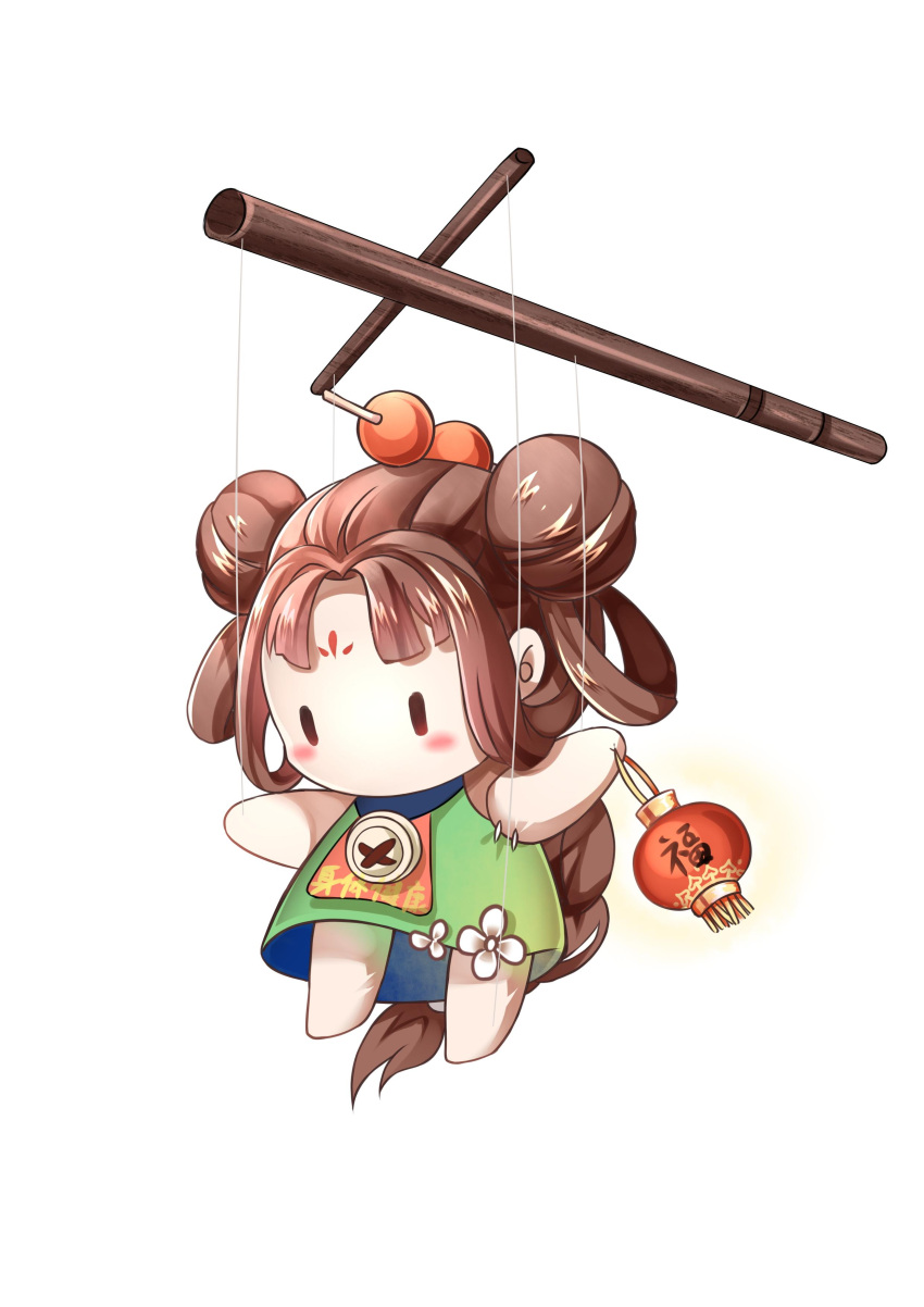 ._. absurdres blush braid brown_hair doll double_bun dress green_dress gyaza hair_bun hair_rings highres lantern long_hair marionette menghuan_xi_you no_humans no_mouth original puppet puppet_strings single_braid stuffed_toy white_background