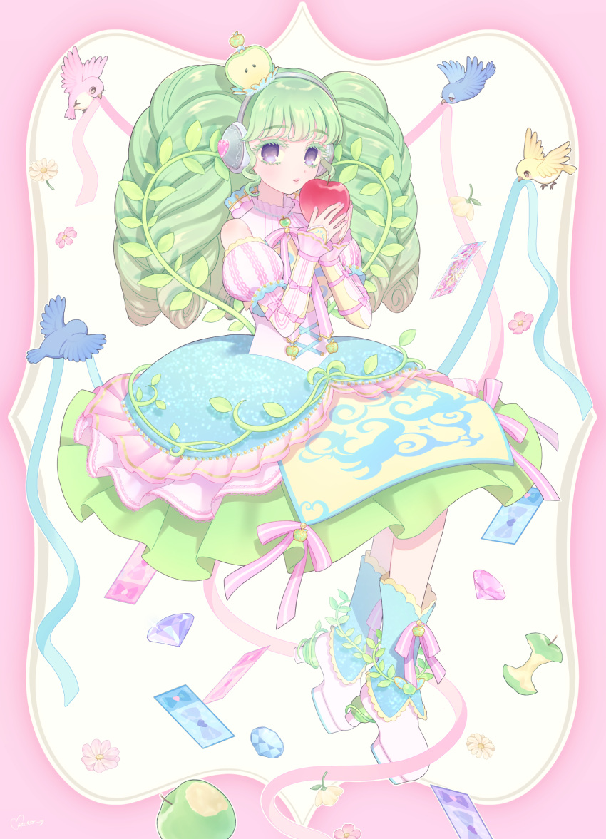 1girl absurdres apple apple_hair_ornament bird bitten_apple blue_eyes boots bubble_skirt colored_eyelashes commentary detached_sleeves diamond_(shape) dress drill_hair english_commentary falulu floral_print flower food food-themed_hair_ornament food_bite frilled_dress frills fruit full_body green_apple green_hair hair_ornament hands_up headphones highres holding holding_food holding_fruit invisible_chair knee_boots leaf lolita_fashion long_hair looking_at_viewer momokan_(mmkn100) multicolored_clothes multicolored_dress neck_ribbon parted_lips pink_flower pink_lips pink_ribbon pretty_(series) print_dress pripara priticket puffy_detached_sleeves puffy_sleeves red_apple ribbon sidelocks sitting skirt snow_white solo twin_drills twintails