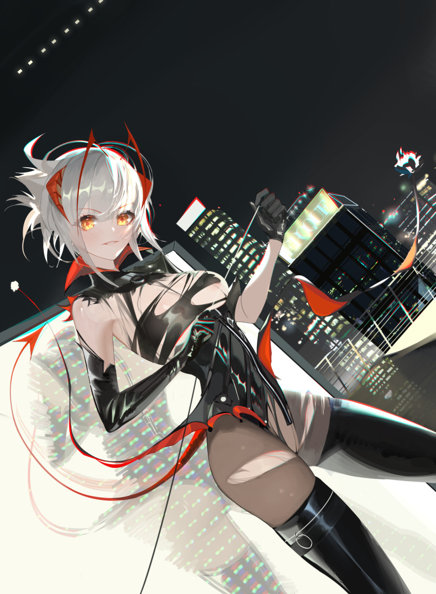 +_+ 1girl ambience_synesthesia arknights asymmetrical_gloves bare_shoulders black_footwear black_leotard boots breasts brown_pantyhose building city cleavage da_(datako) demon_girl demon_horns demon_tail dutch_angle elbow_gloves gloves grey_hair highres holding horns leotard looking_at_viewer medium_breasts multicolored_hair night night_sky nipples official_alternate_costume outdoors pantyhose parted_lips red_hair see-through short_hair single_elbow_glove sky smile solo standing tail thigh_boots torn_clothes torn_leotard torn_pantyhose two-tone_hair w_(arknights) yellow_eyes