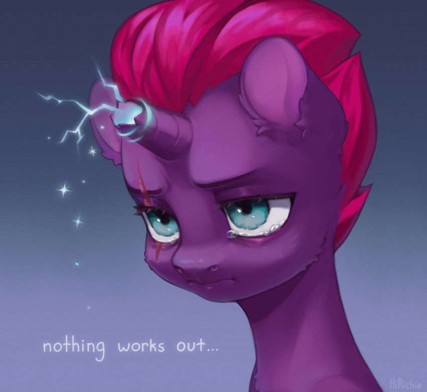 blue_eyes bodily_fluids broken_horn cheek_tuft crying dialogue digital_media_(artwork) ear_tuft equid equine eye_scar eyebrows eyelashes facial_scar facial_tuft female feral friendship_is_magic fur hair hasbro hi_res hirichie horn magic mammal my_little_pony my_little_pony:_the_movie_(2017) pink_hair purple_body purple_fur scar solo tears tempest_shadow_(mlp) tuft unicorn