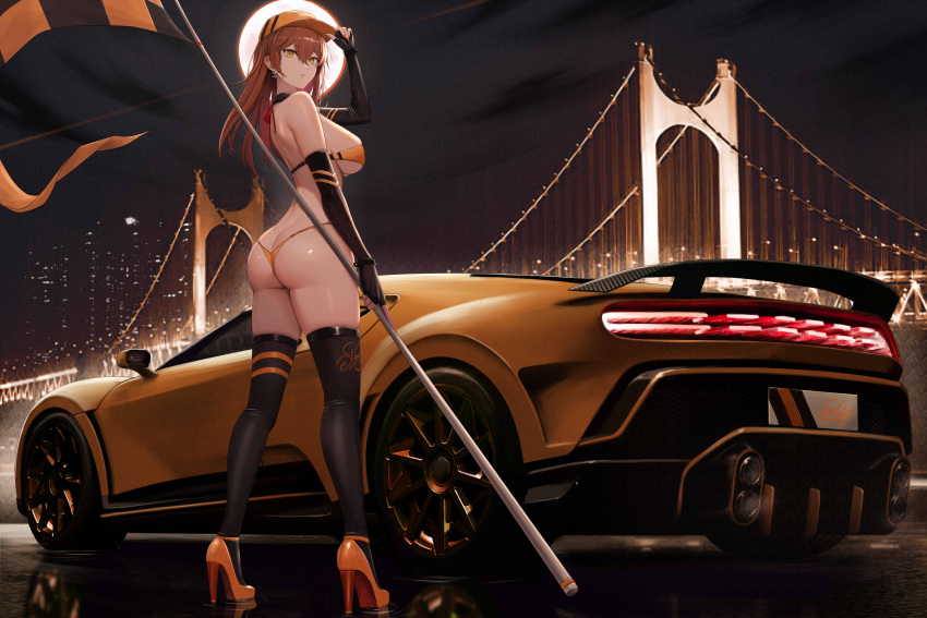 1girl absurdres adjusting_clothes adjusting_headwear ass baseball_cap bikini black_gloves black_thighhighs breasts bridge car checkered_flag closed_mouth commentary_request commission elbow_gloves flag gloves hand_up hat high_heels highres holding holding_flag holding_phone kcar66t large_breasts micro_bikini motor_vehicle night night_sky original phone pixiv_commission race_queen reflection sky solo sports_car standing swimsuit tail_lights thighhighs vehicle_focus vehicle_request yellow_bikini yellow_footwear yellow_headwear