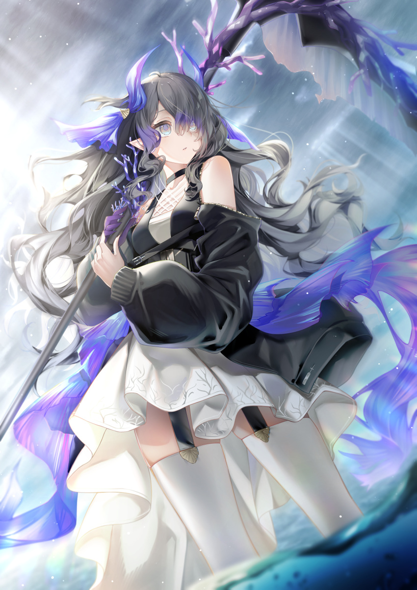 1girl absurdres amatsuji arknights black_dress black_hair blue_eyes blue_hair cowboy_shot dress dutch_angle garter_straps grey_sky hair_between_eyes highmore_(arknights) highres holding holding_scythe holding_staff holding_weapon horns long_hair looking_afar multicolored_hair pointy_ears scythe sidelocks sky solo staff streaked_hair thighhighs wading water wavy_hair weapon white_thighhighs