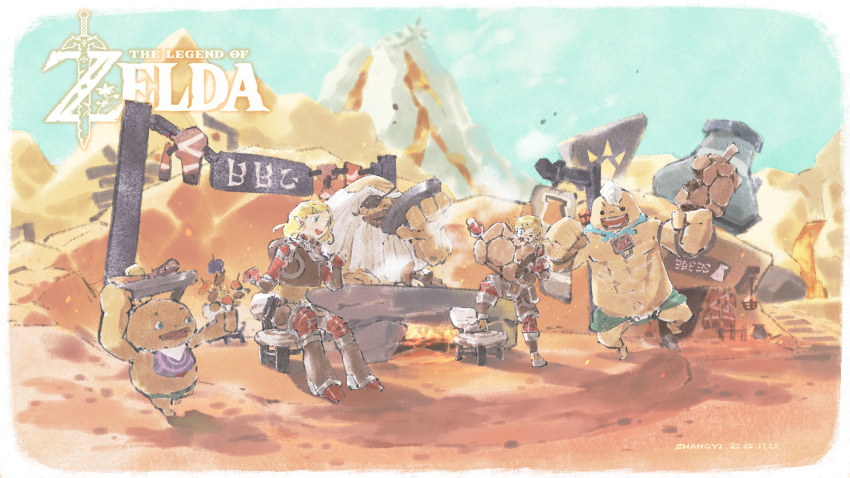 absurdres blonde_hair bludo child cooking eating flamebreaker_set_(zelda) goron grilling highres kchang57 light_brown_hair link logo mountain princess_zelda princess_zelda_(botw) scenery sky smile the_legend_of_zelda the_legend_of_zelda:_breath_of_the_wild wide_shot yunobo