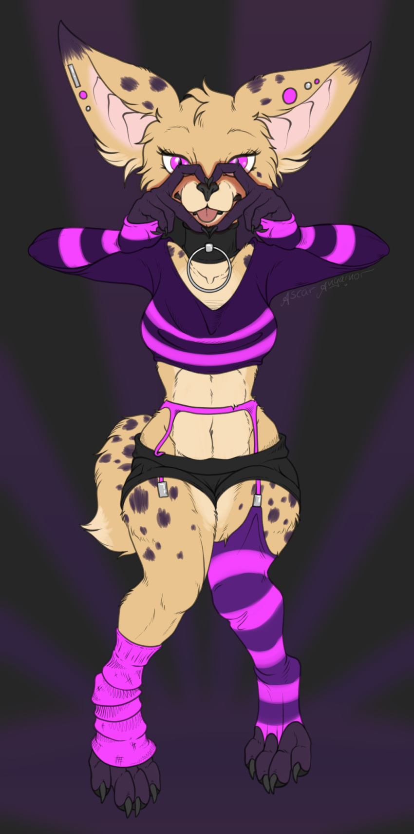 anthro ascar_angainor canid canine collar female fennec fox fur hi_res mammal markings pink_eyes purple_body purple_fur simple_background solo spots spotted_markings tagme tan_body tan_fur