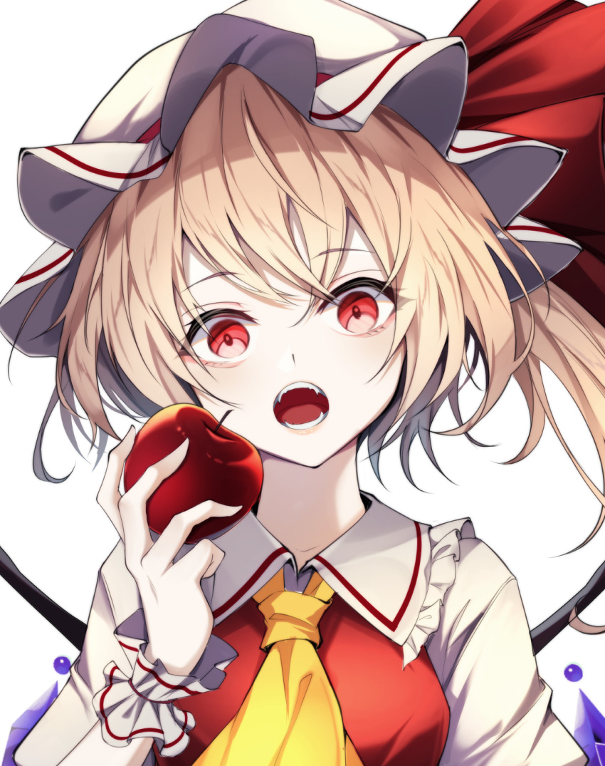 1girl apple ascot blonde_hair crystal_wings fangs flandre_scarlet food fruit hat hat_ribbon highres holding holding_food holding_fruit looking_at_viewer mob_cap open_mouth portrait red_apple red_eyes red_vest ribbon shirt short_hair short_sleeves simple_background solo touhou vest white_background white_shirt wrist_cuffs yamanakaume yellow_ascot