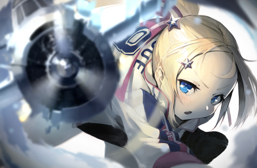 1girl aircraft airplane azur_lane baseball_cap baseball_uniform black_skirt blonde_hair blue_eyes bogue_(azur_lane) clothes_writing commentary_request fang hair_ornament hat hat_removed headwear_removed highres long_hair looking_at_viewer open_mouth parted_bangs partial_commentary ponytail retrofit_(azur_lane) short_sleeves sidelocks skin_fang skirt solo sportswear standing standing_on_one_leg star_(symbol) star_hair_ornament tbf_avenger throwing torpedo_bomber yohia
