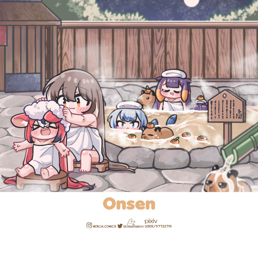 blush_stickers brown_hair capybara chibi english_text gawr_gura grey_hair hakos_baelz highres hololive hololive_english instagram_username monja_(monja0521) naked_towel nanashi_mumei ninomae_ina'nis onsen pixiv_username purple_hair red_hair sleeping takodachi_(ninomae_ina'nis) tentacle_hair towel twitter_username virtual_youtuber washing_another white_towel