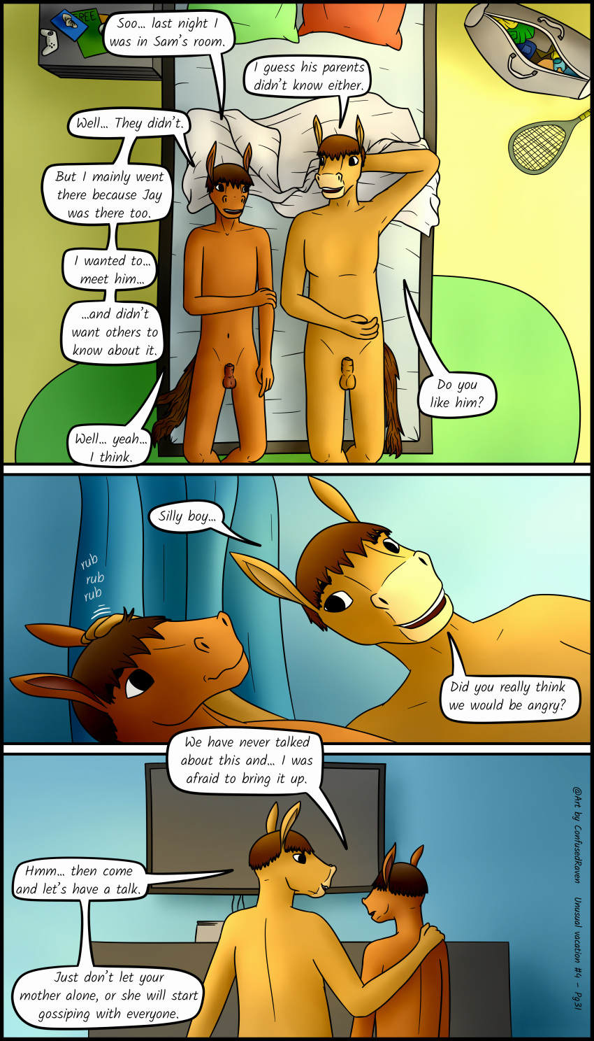 absurd_res anthro casual_nudity comic coming_out confusedraven dialogue duo equid equine father hi_res horse male mammal nude parent son teenager young
