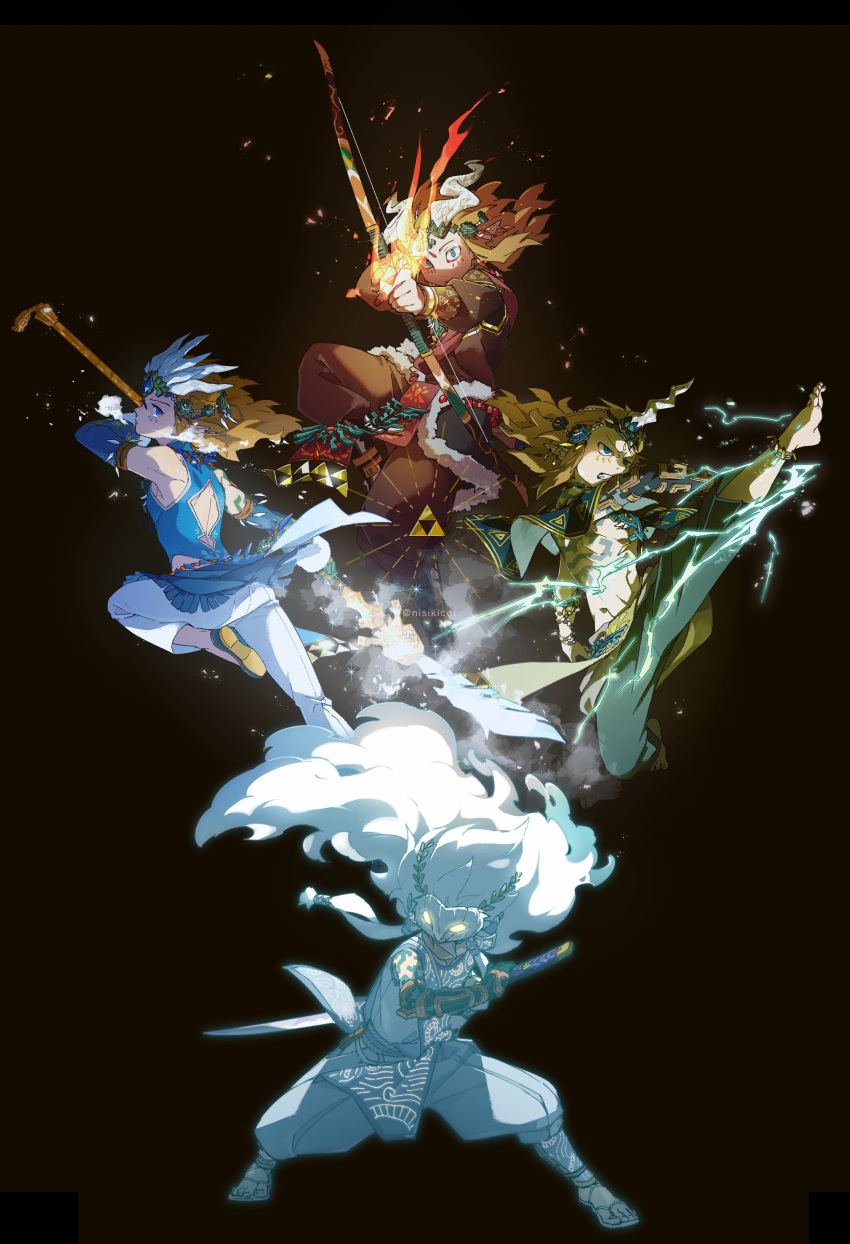 4boys absurdres aiming_at_viewer back_cutout bow_(weapon) charged_set_(zelda) clothing_cutout electricity ember_set_(zelda) fake_horns fighting_stance fire flaming_arrow flying_kick frostbite_set_(zelda) highres horned_headwear horns kicking koi_(nisikicoi) link mask mask_on_head medium_hair multiple_boys multiple_persona mystic_set_(zelda) pointy_ears polearm sandals spear sword the_legend_of_zelda the_legend_of_zelda:_tears_of_the_kingdom tiara weapon