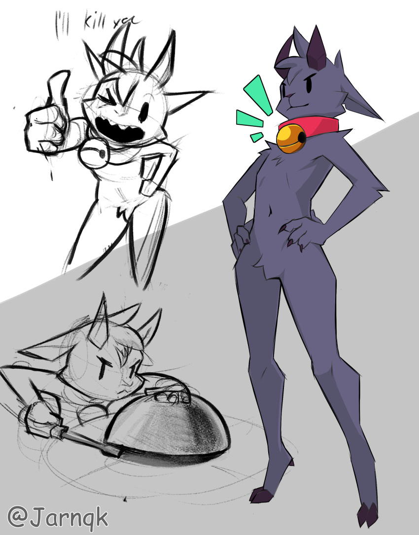 2023 absurd_res anthro artist_name bell bell_collar bovid caprine collar collar_only crotch_tuft demon_core digital_media_(artwork) english_text fur gesture goat hi_res holding_object holding_screwdriver holding_tool hooves horn jarnqk linus_(jarnqk) male mammal nude one_eye_closed screwdriver solo standing text thumbs_up tools tuft wink