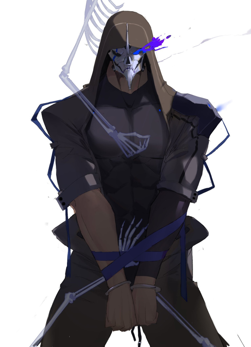 1boy abs bara black_bodysuit blue_eyes bodysuit bound bound_arms eye_trail feet_out_of_frame highres hood hood_up horned_mask large_pectorals light_trail looking_at_viewer male_focus mask muscular muscular_male nipples original pectorals rathalosx4 short_hair skeleton skull_mask solo standing stomach thick_eyebrows thighs v_arms