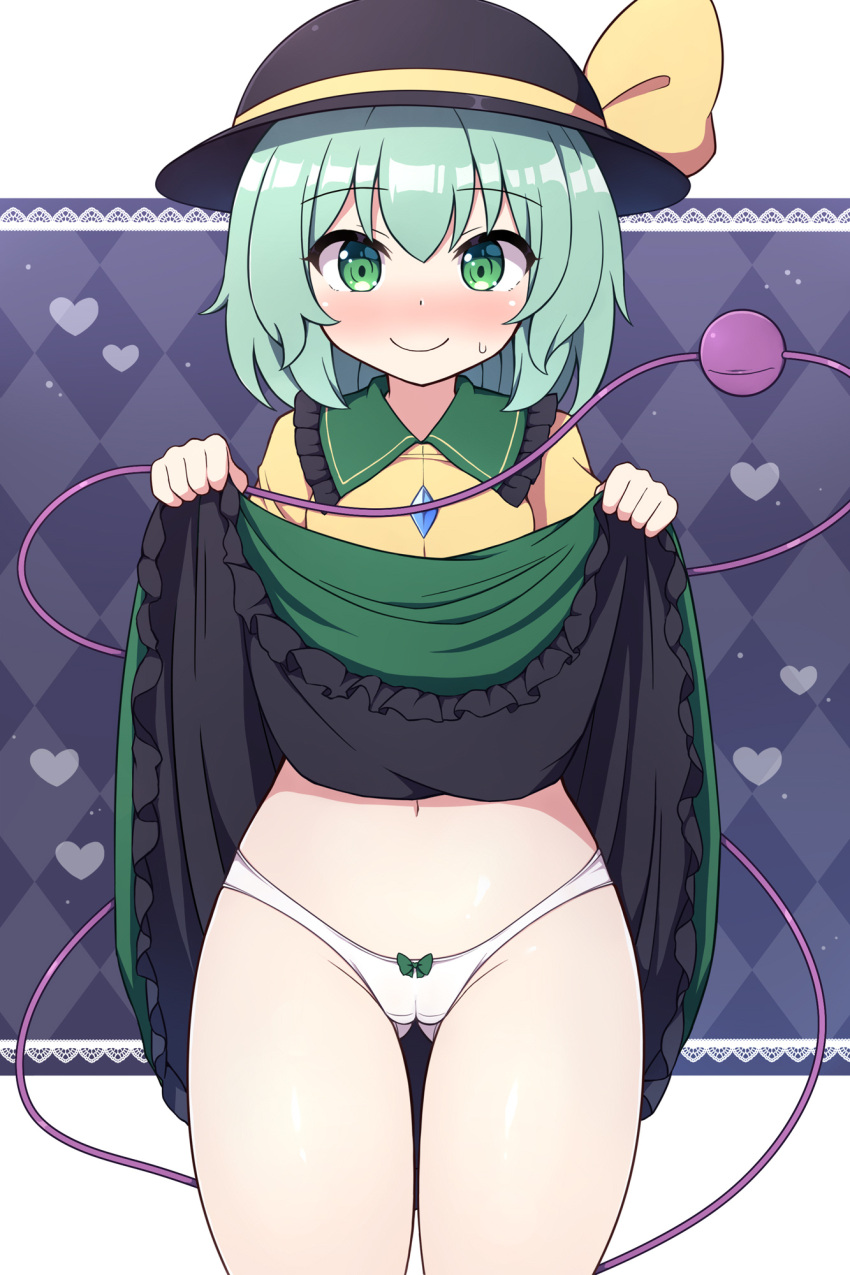 1girl ass_visible_through_thighs black_headwear blush bow cameltoe checkered_background dot_nose eyeball frilled_skirt frills green_eyes green_hair green_skirt groin hat hat_ribbon heart heart_of_string highres komeiji_koishi lifted_by_self looking_at_viewer navel nose_blush panties purple_background ribbon rizento shirt short_hair skirt smile solo sweatdrop thigh_gap thighs third_eye touhou underwear upskirt white_background white_panties yellow_shirt