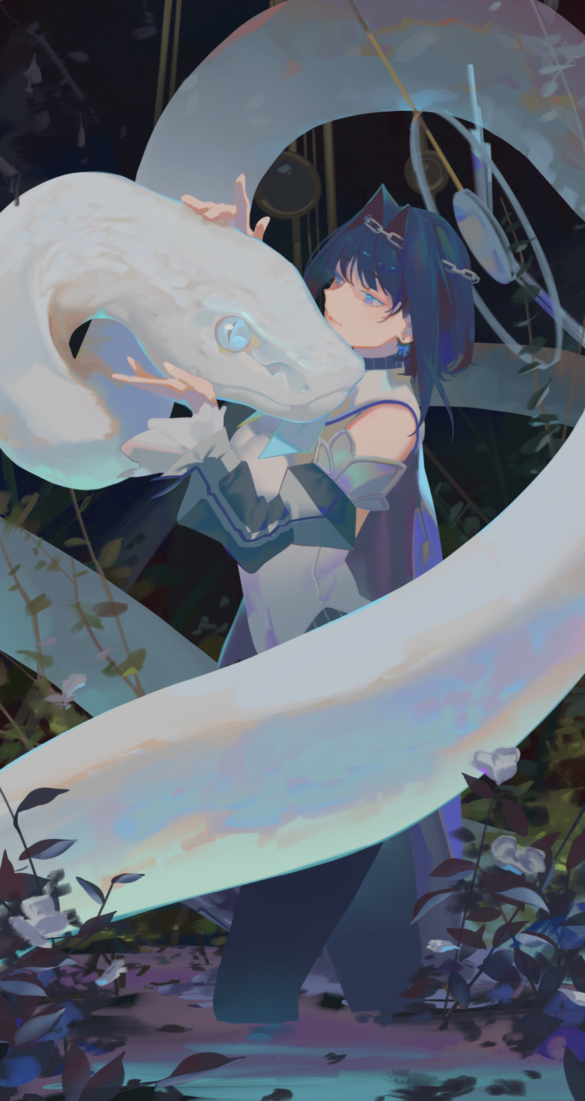 1girl absurdres animal arms_up bennopi black_thighhighs blue_bow blue_eyes blue_hair blue_ribbon boros_(ouro_kronii) bow bow_earrings breasts caress chain chain_headband clothing_cutout detached_sleeves earrings giant_snake hair_intakes halo highres hololive hololive_english jewelry light_smile mechanical_halo miniskirt ouro_kronii ouro_kronii_(1st_costume) oversized_animal plant ribbon shirt short_hair shorts skirt sleeveless sleeveless_shirt sleeveless_turtleneck smile snake thighhighs turtleneck virtual_youtuber water white_snake