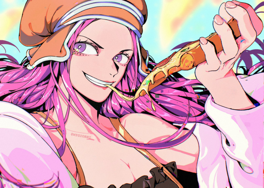 1girl anti-eyebrow_piercing artist_name bare_shoulders commentary english_commentary food hat highres holding holding_food holding_pizza jewelry_bonney lipstick long_hair makeup mygiorni one_piece orange_headwear piercing pink_hair pizza purple_eyes smile solo teeth