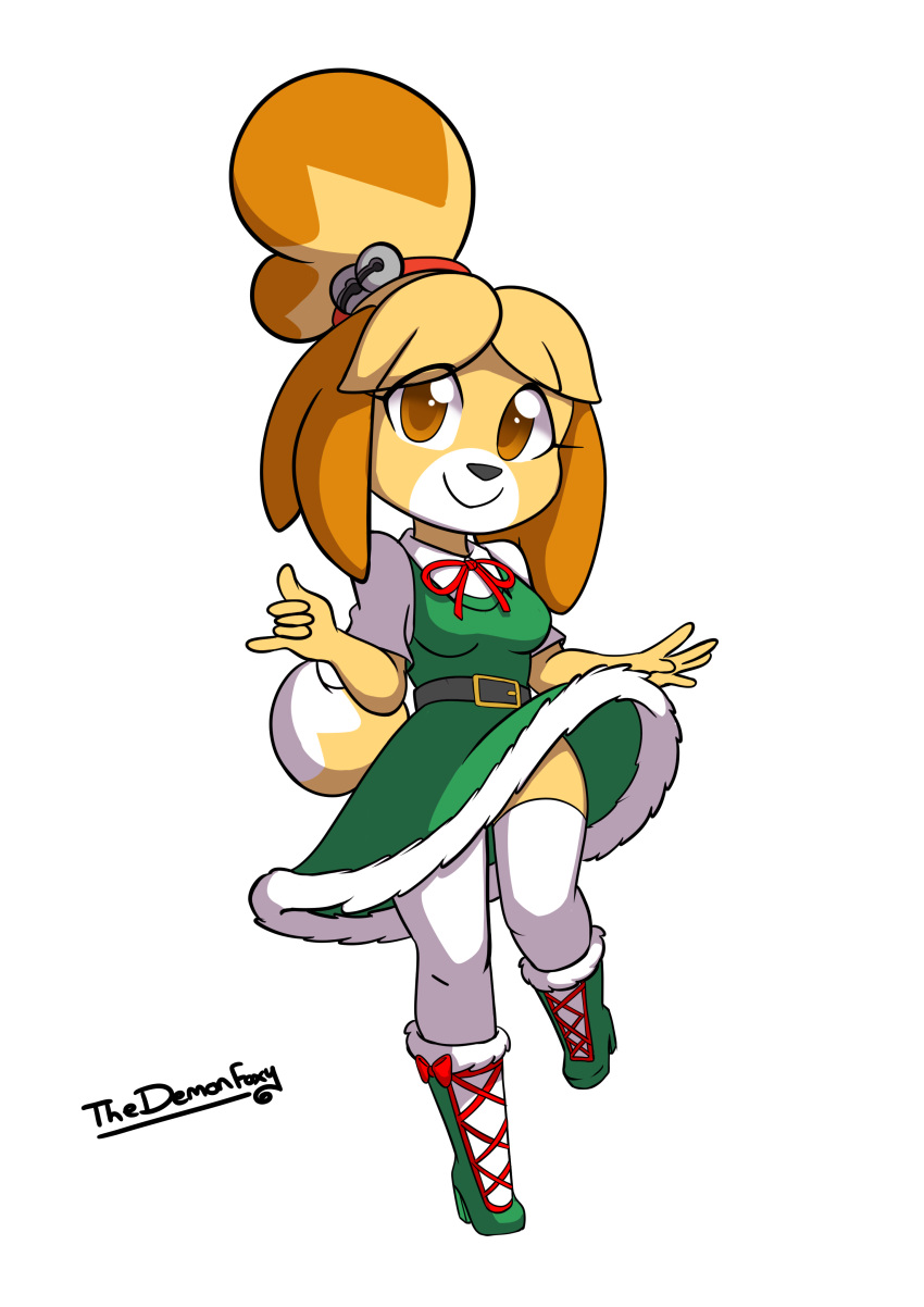 absurd_res animal_crossing anthro bell boots canid canine canis clothing domestic_dog dress female footwear hi_res high_heeled_boots high_heels isabelle_(animal_crossing) laced_boots legwear looking_at_viewer mammal nintendo shih_tzu smile socks solo thedemonfoxy thigh_highs thigh_socks toy_dog