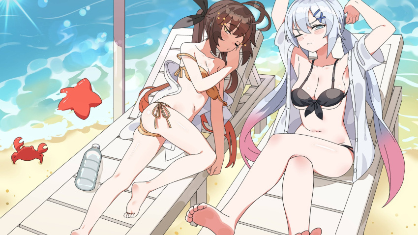 2girls alternate_costume ass barefoot beach beach_chair bikini black_bikini blue_eyes blush bottle breasts brown_hair cleavage crab crossed_legs frown girls'_frontline highres large_breasts lemures long_hair looking_at_viewer lwmmg_(girls'_frontline) m14_(girls'_frontline) multicolored_hair multiple_girls navel on_chair one_eye_closed open_clothes open_shirt outdoors pink_hair sand shirt starfish swimsuit twintails very_long_hair water water_bottle white_hair white_shirt yellow_bikini