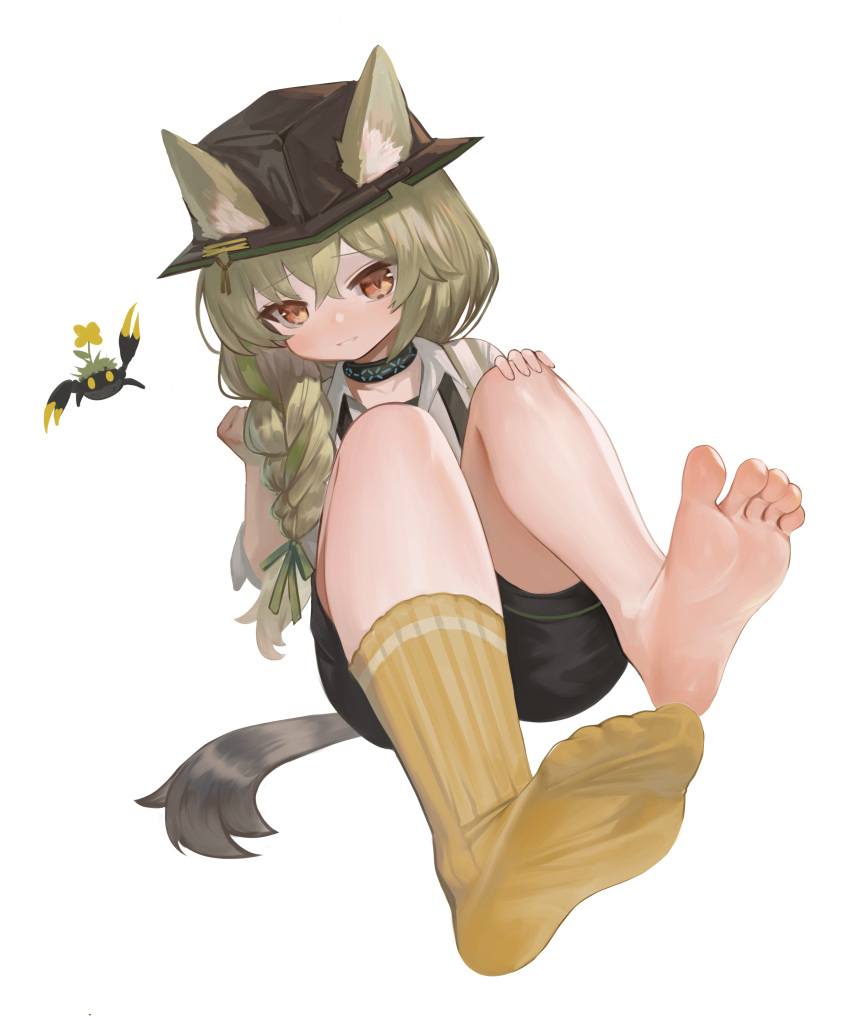 1girl absurdres arknights bandeau bare_legs barefoot beanstalk_(arknights) black_bandeau brown_eyes dokomon ears_through_headwear feet flower flower_on_head gloves green_hairband green_ribbon hairband highres hyena_ears hyena_girl hyena_tail infection_monitor_(arknights) looking_at_viewer no_shoes ribbon socks soles sweater toes two-tone_nails white_sweater yellow_gloves yellow_socks