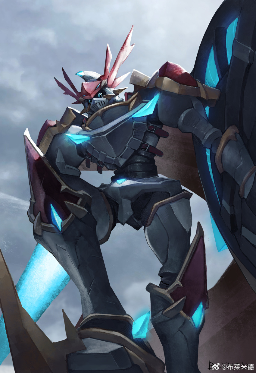 absurdres arm_shield armor blue_eyes bly_mead cape chinese_commentary commentary_request digimon digimon_(creature) digimon_tamers dukemon dukemon_x-antibody foot_out_of_frame foreshortening from_below full_armor highres knight lance looking_at_viewer no_humans outdoors overcast polearm red_cape shoulder_armor sky stepping weapon weibo_logo