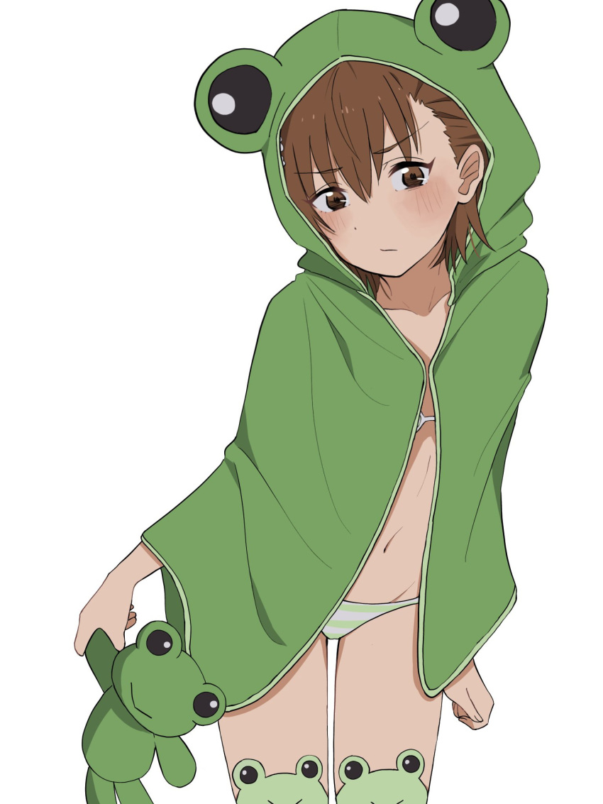 1girl animal_hood artist_request bikini blush brown_eyes brown_hair cape frog_hood gekota green_cape highres holding hood looking_at_viewer misaka_mikoto navel simple_background solo striped striped_bikini stuffed_toy swimsuit thighhighs toaru_kagaku_no_railgun toaru_majutsu_no_index white_background