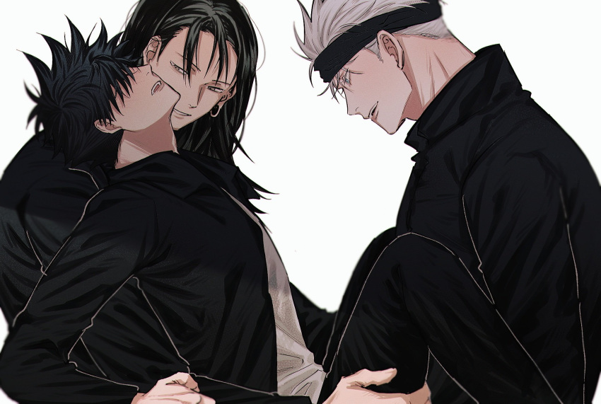 3boys black_blindfold black_hair black_pants blindfold blue_eyes blush closed_eyes commentary_request fushiguro_megumi fushirun_rung getou_suguru gojou_satoru highres jacket jujutsu_kaisen leg_grab long_hair long_sleeves looking_at_another male_focus multiple_boys open_clothes open_jacket open_mouth pants plug_(piercing) shirt short_hair sitting smile spiked_hair spread_legs white_background white_hair white_shirt yaoi