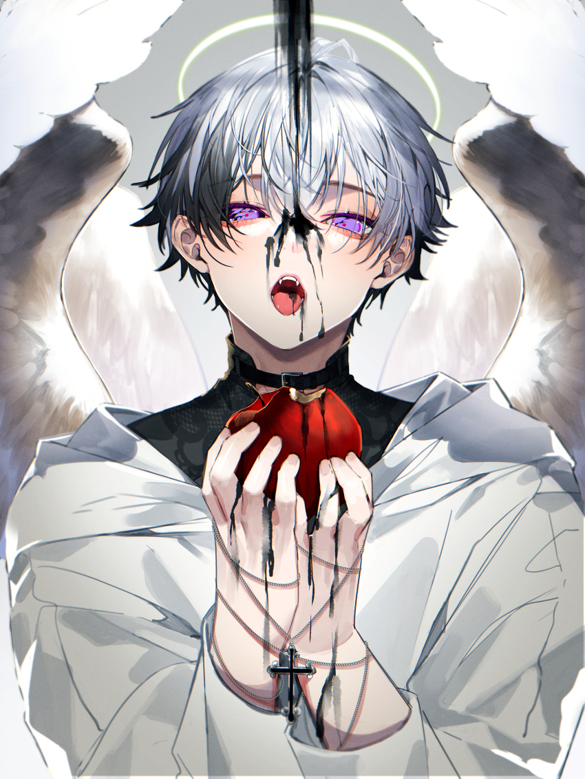 1boy absurdres angel angel_wings apple bitten_apple black_hair black_shirt brown_choker choker cross cross_necklace feathered_wings food food_bite fruit grey_hair halo highres holding holding_food holding_fruit ink ink_on_face jacket jewelry male_focus multicolored_hair necklace original otochi_(otc_so) purple_eyes shirt short_hair teeth tongue tongue_out white_hair white_jacket wings