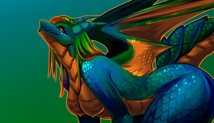 absurd_res anthro blue_body breasts dragon female green_body hi_res horn scales scalie solo spoilla wings yellow_body