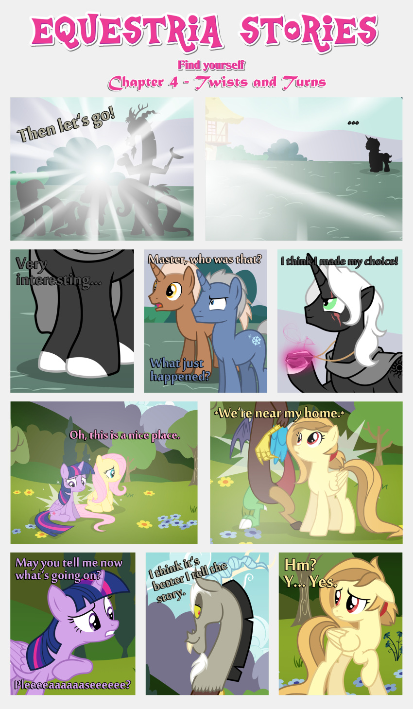 absurd_res alice_goldenfeather_(estories) anthro bangs black_body black_border border bright_light chimera cloak clothing crystal discord_(mlp) draconequus ears_down ears_up equid equine estories fan_character female feral flower fluttershy_(mlp) folded_wings friendship_is_magic glancing_back glowing grass group hasbro hi_res horn magic male mammal mobius_(estories) my_little_pony pegasus pink_crystals pink_glow pivoted_ears plant ponyville silhouette sitting standing teleportation tree twilight_sparkle_(mlp) unicorn white_light winged_unicorn wings