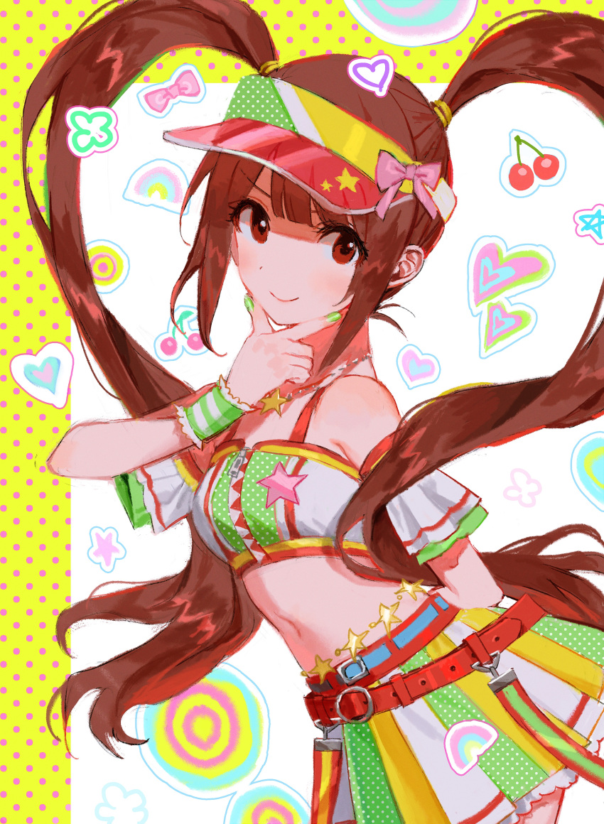 1girl absurdres arm_behind_back arm_guards bare_shoulders belt bow brown_eyes brown_hair cherry closed_mouth cropped_shirt finger_to_own_chin food fruit green_nails grid_background hair_bow heart highres idolmaster idolmaster_million_live! idolmaster_million_live!_theater_days jewelry long_hair looking_at_viewer matsuda_arisa midriff multicolored_clothes navel necklace o-ring o-ring_belt pink_ribbon pleated_skirt polka_dot polka_dot_background red_belt ribbon scrunchie skirt smile solo standing star_(symbol) star_necklace twintails two-tone_background v visor_cap yatatashira yellow_bow