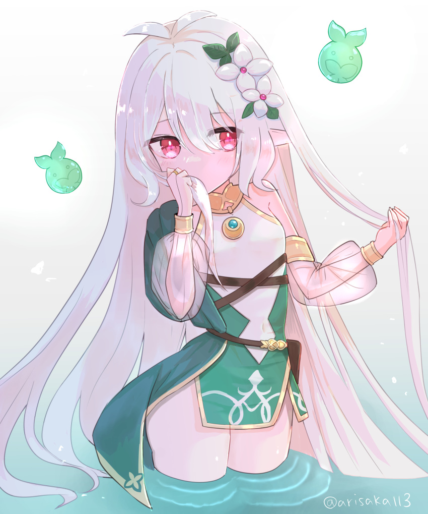 alternate_hair_length alternate_hairstyle arisaka_luna detached_sleeves dress flower green_dress hair_flower hair_ornament highres kokkoro_(princess_connect!) long_hair partially_submerged pink_eyes pointy_ears princess_connect! see-through see-through_sleeves very_long_hair white_hair