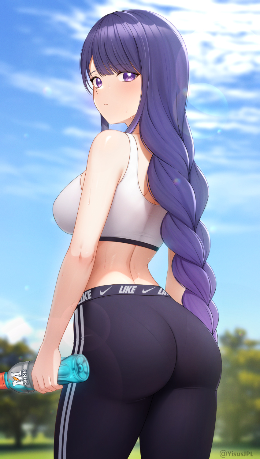 1girl alternate_costume ass blue_sky bottle braid braided_ponytail brand_name_imitation breasts cloud cowboy_shot day genshin_impact highres holding holding_bottle large_breasts long_hair outdoors pants purple_eyes purple_hair raiden_shogun sky solo sports_bra sports_drink sportswear very_long_hair yisusjpl yoga_pants