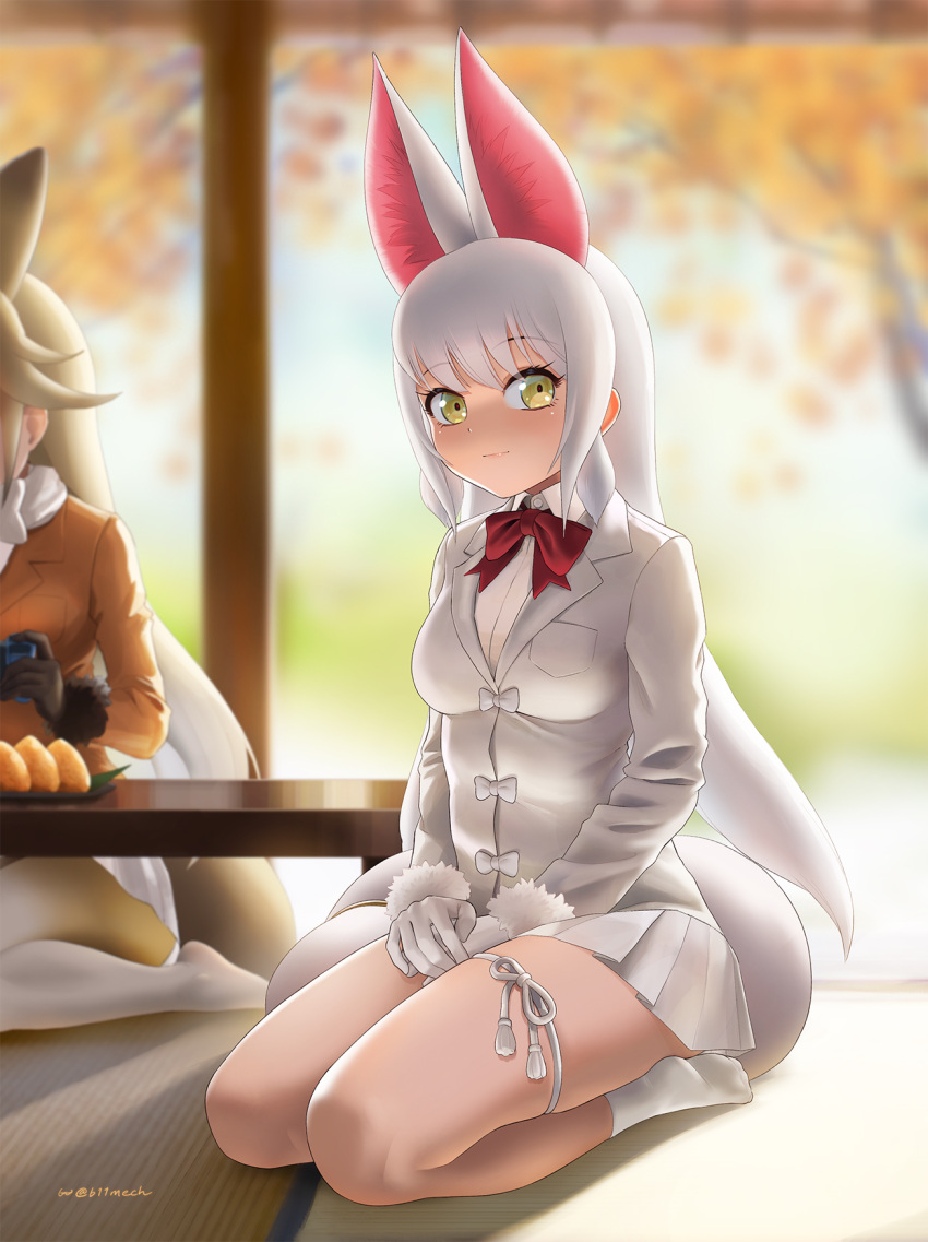 2girls animal_ears beleven bow bowtie brown_fur brown_gloves collared_shirt controller extra_ears ezo_red_fox_(kemono_friends) fox_ears fox_girl fox_tail fur_trim game_controller gloves gradient_hair gradient_legwear hair_between_eyes hands_on_lap highres jacket kemono_friends kemono_friends_3 long_hair long_sleeves multicolored_hair multiple_girls no_shoes oinari-sama_(kemono_friends) orange_hair orange_jacket orange_pantyhose pantyhose pleated_skirt red_bow red_bowtie seiza shirt sidelocks sitting skirt socks tail thigh_bow two-tone_pantyhose white_background white_bow white_bowtie white_fur white_gloves white_jacket white_pantyhose white_shirt white_skirt white_socks yellow_eyes