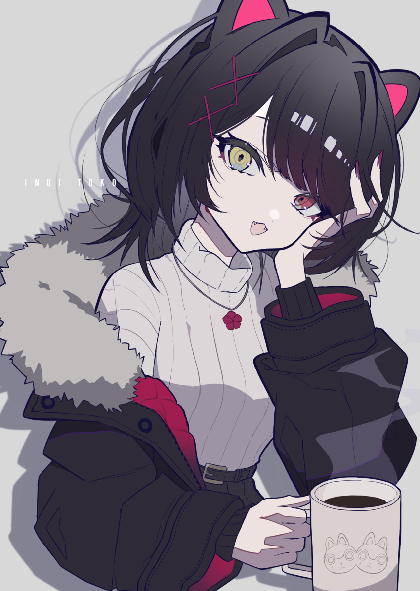 animal_ears belt black_belt black_coat black_hair cat_ears character_name coat coffee cup dot_nose drop_shadow fangs fur-trimmed_coat fur_trim hand_on_own_face highres holding holding_cup inui_toko jewelry madofuki mug necklace nijisanji red_eyes ribbed_sweater short_hair sweater virtual_youtuber white_sweater yellow_eyes