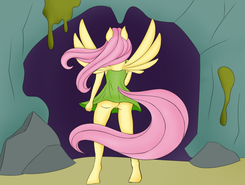 butt clothing drakxs dress equid equine feathered_wings feathers female fluttershy_(mlp) friendship_is_magic genitals green_clothing green_dress hair hasbro hi_res hooves long_tail mammal my_little_pony pegasus pink_hair pink_tail pussy rock standing tail unguligrade wings yellow_body yellow_feathers