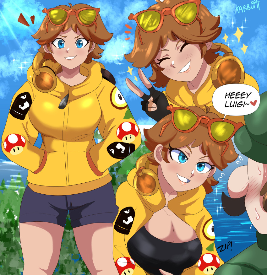 1boy 1girl absurdres black_shirt blue_eyes blush breasts brown_hair bullet_bill cleavage fingerless_gloves fire_flower gloves headphones highres hood hoodie karbuitt large_breasts luigi mario_(series) nintendo orange-framed_eyewear princess_daisy shirt shorts signature sparkle sunglasses super_mushroom sweatdrop unzipped v yellow_hoodie