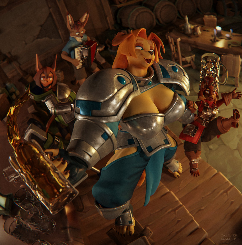 3d_(artwork) accordion alcohol anthro armor bar beverage bird_dog blonde_hair breastplate breasts canid canine canis cleavage clothed clothing digital_media_(artwork) dobermann dog_knight_rpg domestic_dog drunk female fox fur golden_retriever group hair hi_res hunting_dog jeane_(ceehaz) maci_(ceehaz) male mammal musical_instrument pauldron pinscher pomeranian retriever rory_(ceehaz) spitz substance_intoxication tales_of_scale tan_body tan_fur