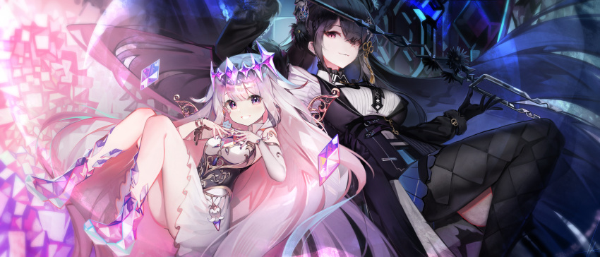 2girls absurdres black_dress black_gloves black_hair blue_hair colored_inner_hair crown crystal dress gloves grey_hair hands_on_own_chest highres hololive hololive_english koseki_bijou long_hair mole mole_under_eye multicolored_hair multiple_girls nerissa_ravencroft purple_eyes red_eyes ribiadan slit_pupils very_long_hair virtual_youtuber white_dress