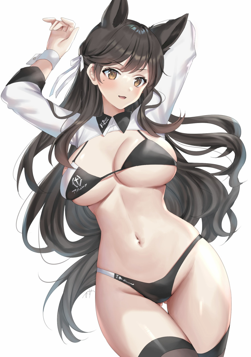 1girl animal_ears arm_behind_head atago_(azur_lane) atago_(stunning_speedster)_(azur_lane) azur_lane black_hair breasts cleavage commentary extra_ears highres large_breasts long_hair official_alternate_costume oshage_(osyage921) smile thighhighs thighs translation_request very_long_hair yellow_eyes
