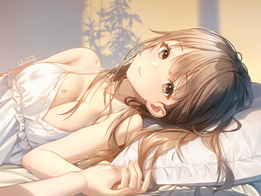 2girls babydoll bare_shoulders bed bed_sheet bedroom bite_mark blush breasts brown_eyes brown_hair cleavage closed_mouth collarbone frilled_babydoll hair_between_eyes haneru hickey highres himino_seika himitsu_no_jugyou holding_hands indoors lingerie long_hair looking_at_viewer lying messy_hair multiple_girls on_bed on_side original pillow pov pov_hands smile underwear white_babydoll yuri