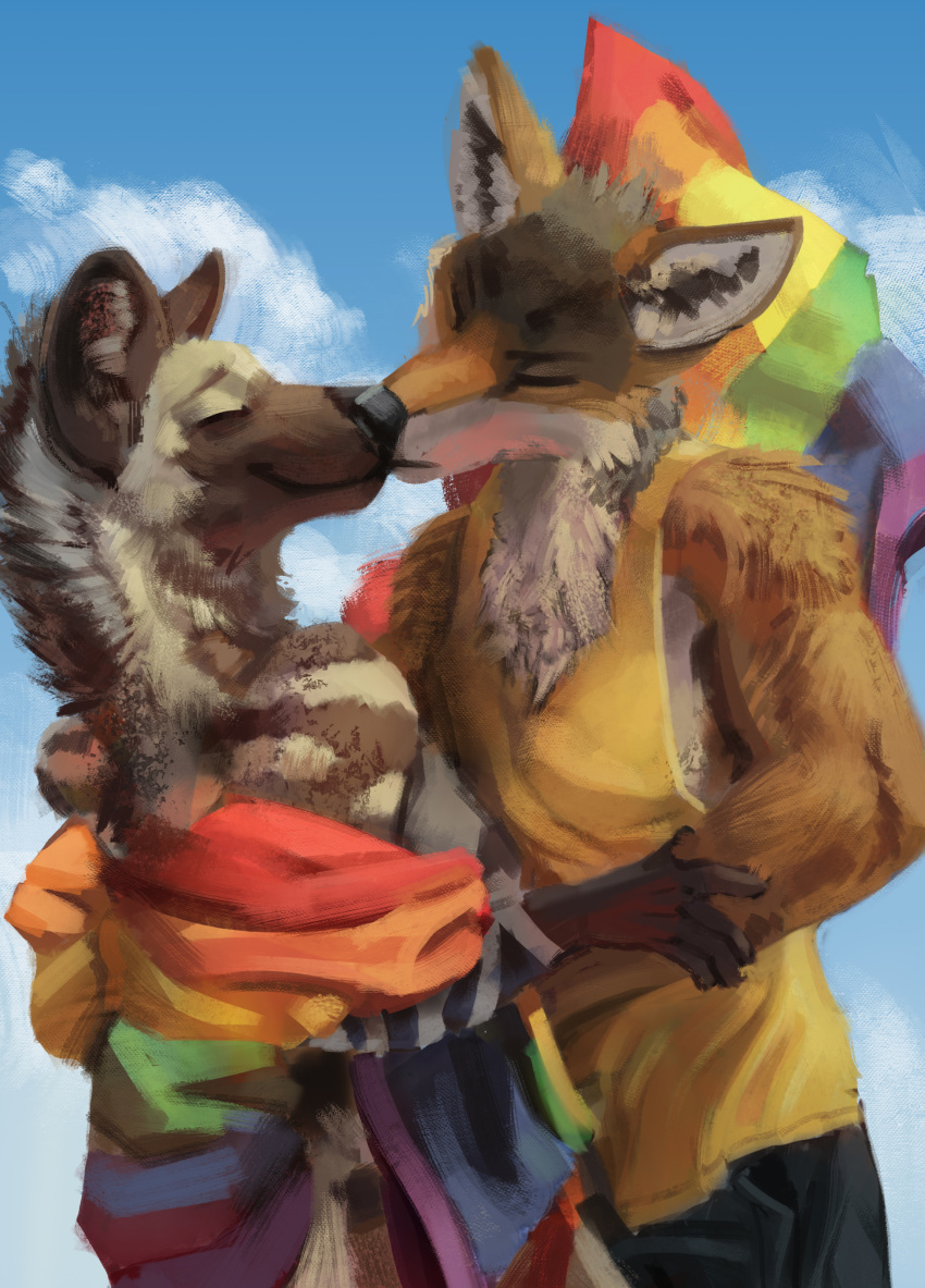 abstract_background absurd_res anthro blue_sky brown_body brown_fur canid canine clothing cloud duo embrace eyes_closed fur hi_res hyena kissing lgbt_pride male male/male mammal neketo pride pride_colors rainbow rainbow_flag rainbow_pride_colors rainbow_pride_flag rainbow_symbol romantic romantic_couple shirt sky smile topwear